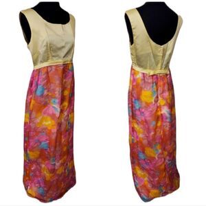 Vintage yellow Pink handmade long floral bright dress
